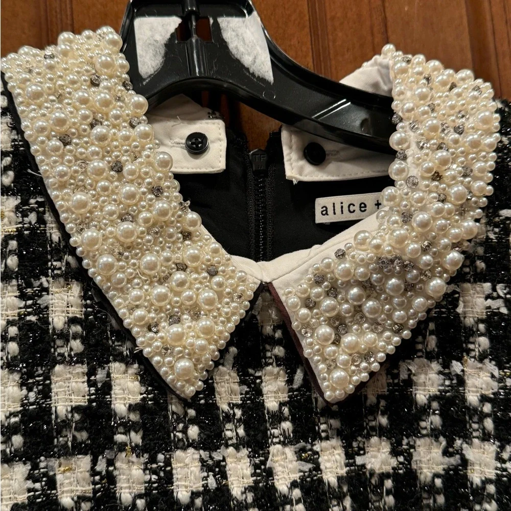 Alice + Olivia Black and White Tweed Dress with Pearl Collar - Picture 3 of 4